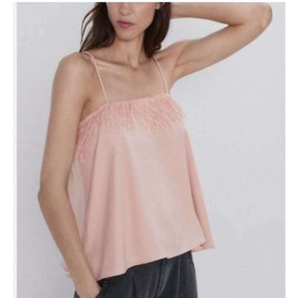 Zara Spaghetti Strap Feather Top Cami